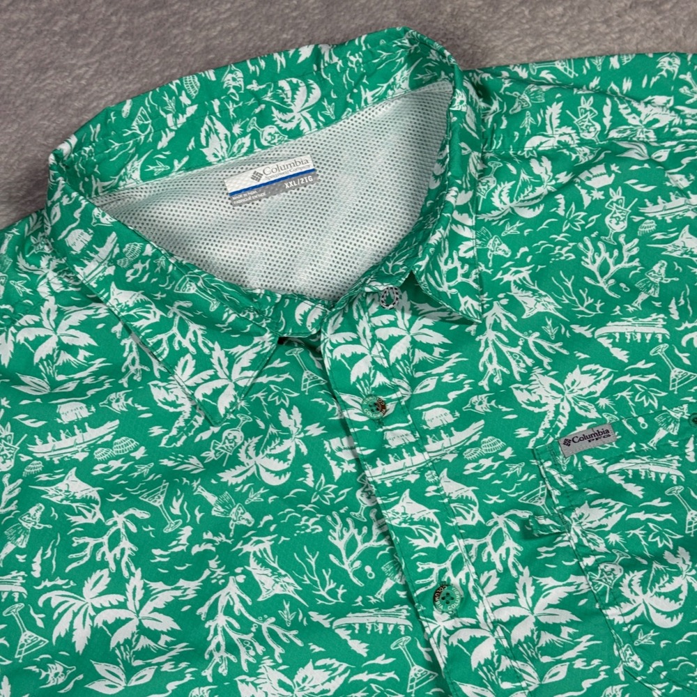 Columbia PFG Button Up Shirt Mens XXL Green Tropical Island Print FM1039